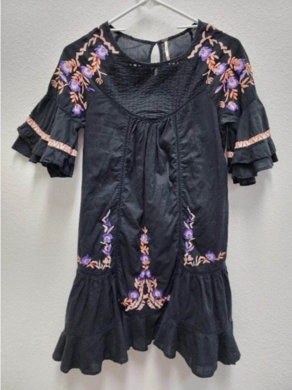 FREE PEOPLE Women's Black Pavlo Floral Embroidered Ruffled Mini Dress Size-XS
